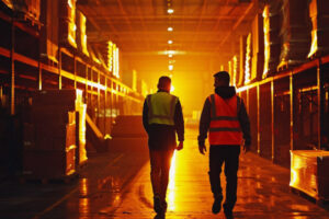 Pedestrian walking a marked walkway beside an operating forklift in a warehouse aisle