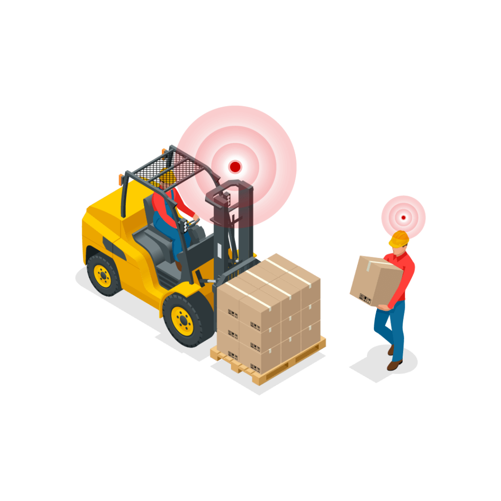 collision warning Illustration of a worker near a crane with real-time proximity alerts, emphasizing pedestrian safety and collision prevention in warehouse operations.