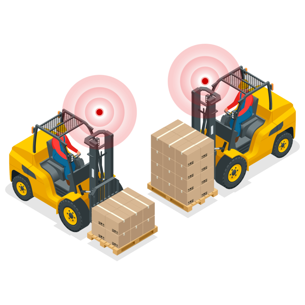 Illustration of two forklifts equipped with collision warning technology, highlighting proximity alerts to prevent forklift-to-forklift accidents in industrial environments. forklift safety