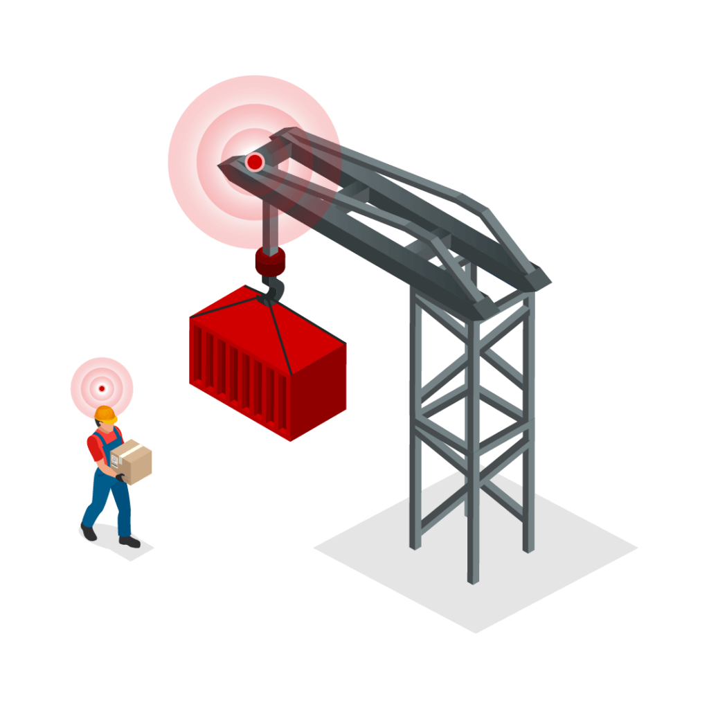 forklift safety Illustration of a forklift and a pedestrian in close proximity, showcasing collision warning technology designed to enhance worker safety in industrial settings.