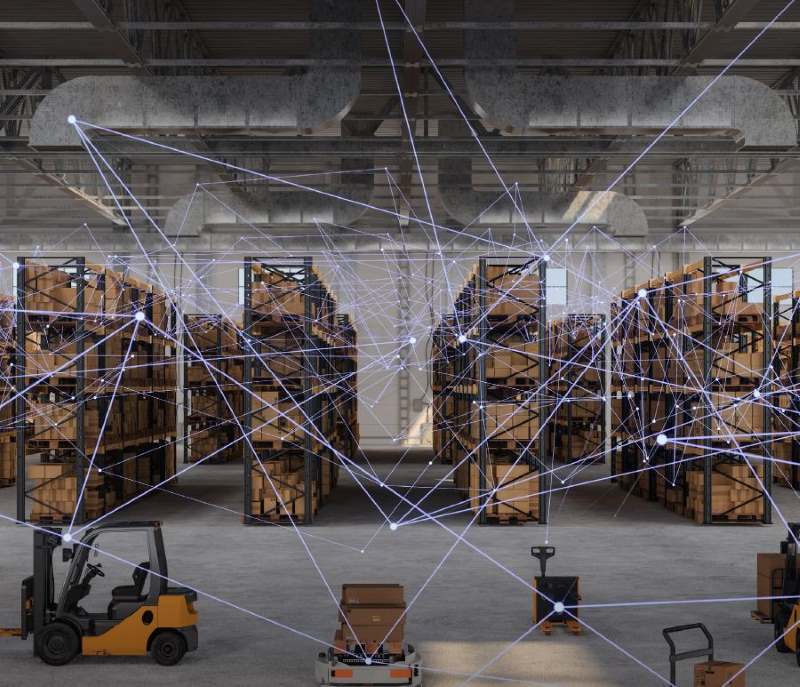 What Is BLE Indoor Positioning? How Bluetooth RTLS Works 4 Modern warehouse management system using BLE indoor positioning and IoT sensors to optimize forklift routes and inventory placement in a connected supply chain.