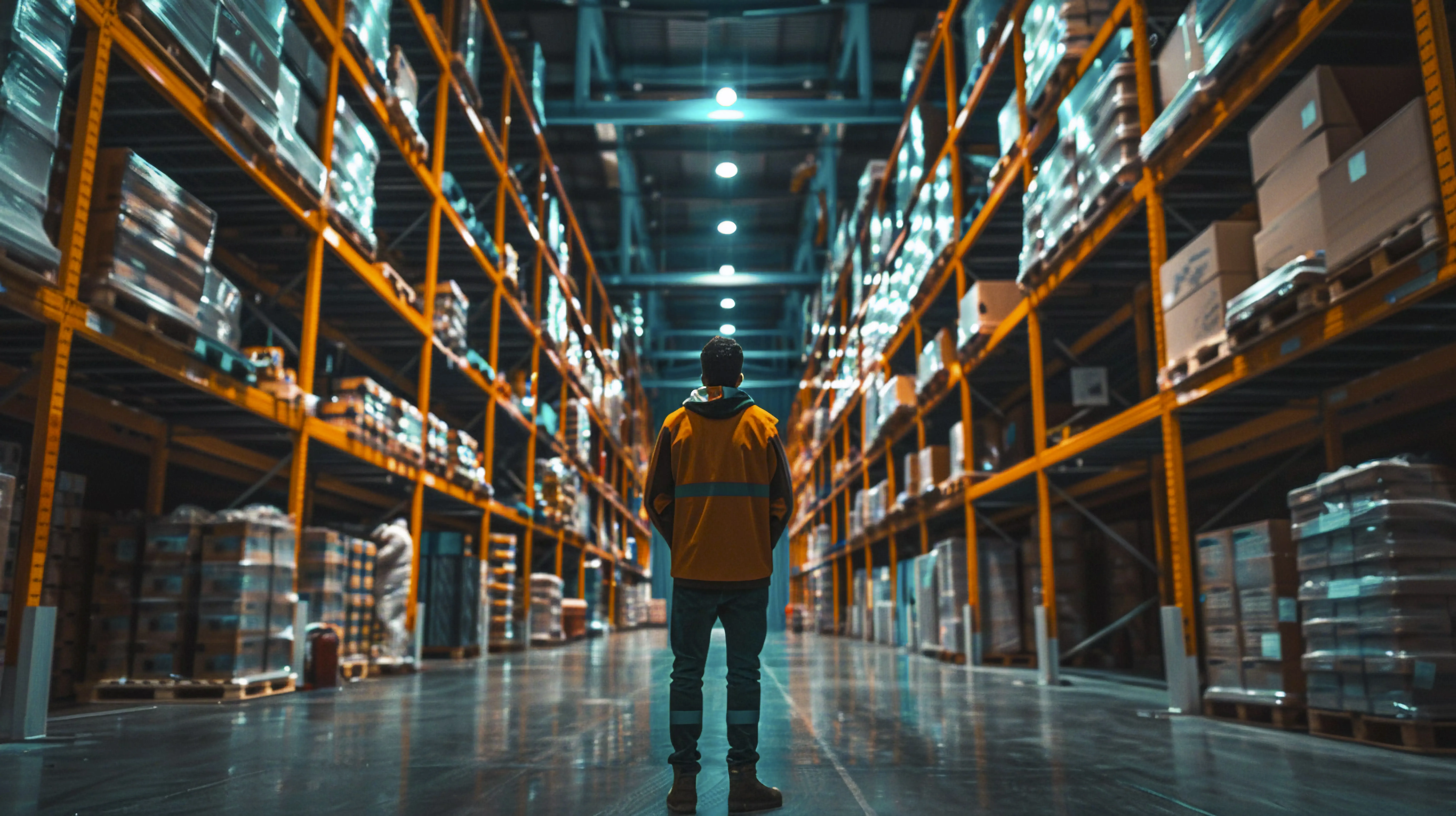 Warehouse worker overseeing large storage facility with high-density shelving for real-time asset tracking
