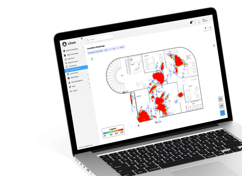 How RTLS Forklift Tracking Works and Why It Matters 2 Litum RTLS software showing a location heatmap on a laptop screen