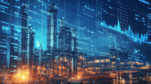 Industrial facility overlaid with digital investment charts and analytics representing RFID asset management ROI and operational efficiency