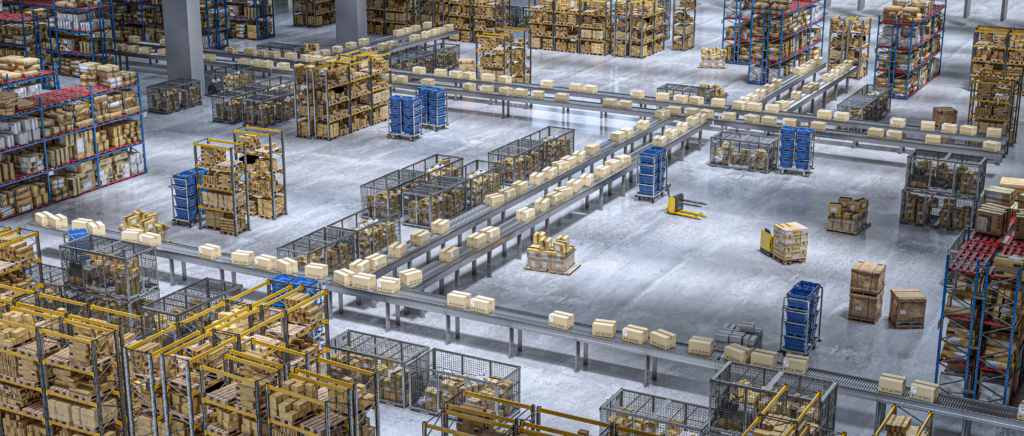 What Is RFID Asset Tracking? How It Works and Where It Fits 6 Aerial view of a large warehouse with conveyor belts and thousands of cardboard boxes on shelving racks representing the scale of assets managed by RFID asset management systems