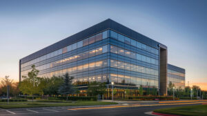 Modern glass office building exterior at sunrise representing connected worker RTLS deployment for a leading US insurance provider
