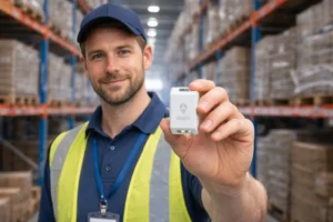 Warehouse worker in hi-vis vest holding a Litum Dualis Tag asset tracking device in a large industrial warehouse
