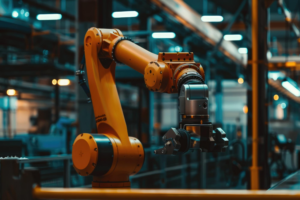 Industrial robotic arm on an automotive manufacturing floor representing the automated production environment where Litum's forklift pedestrian safety RTLS was deployed