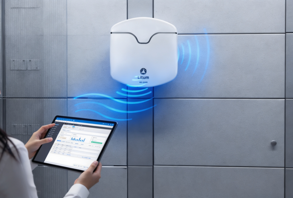 What Is RFID Asset Tracking? How It Works and Where It Fits 2 Litum RFID reader mounted on a wall transmitting signals to a tablet dashboard displaying real-time asset management data and analytics