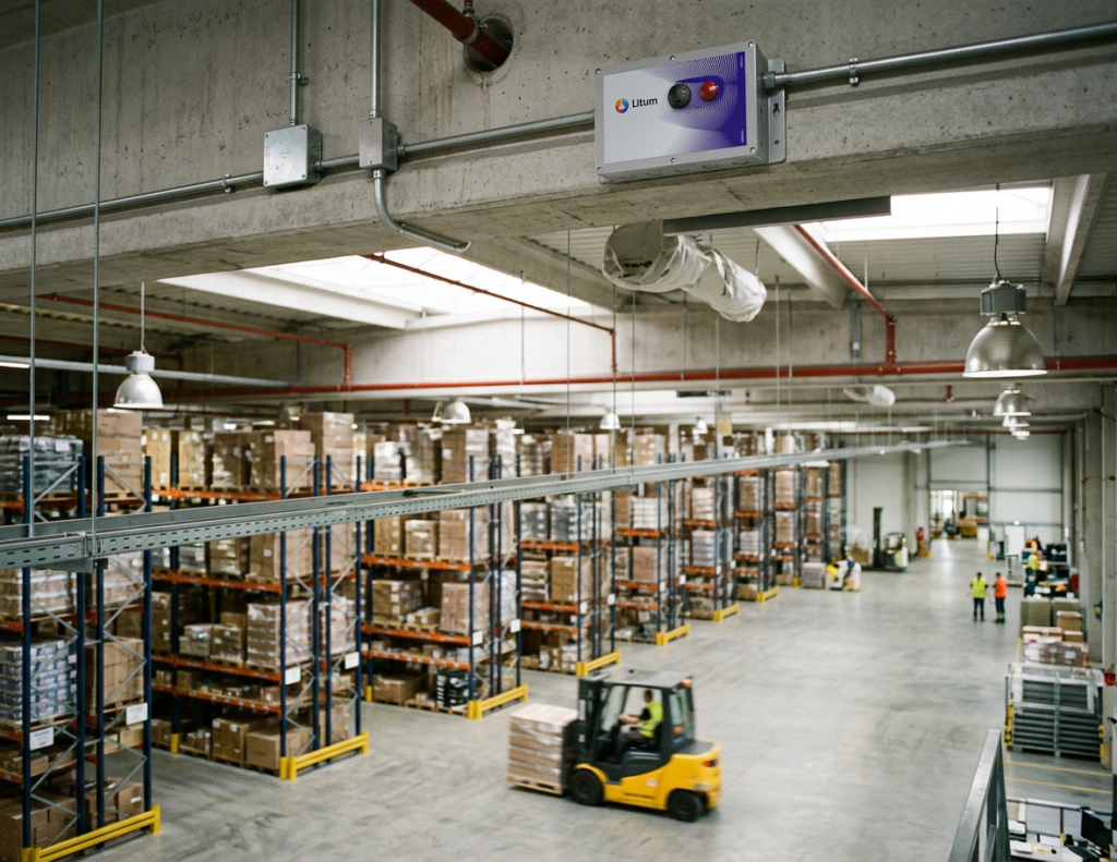 Forklift Safety and Efficiency for a Fortune 500 Automotive Manufacturer 2 RTLS anchor mounted on a warehouse ceiling, with forklift visible below.