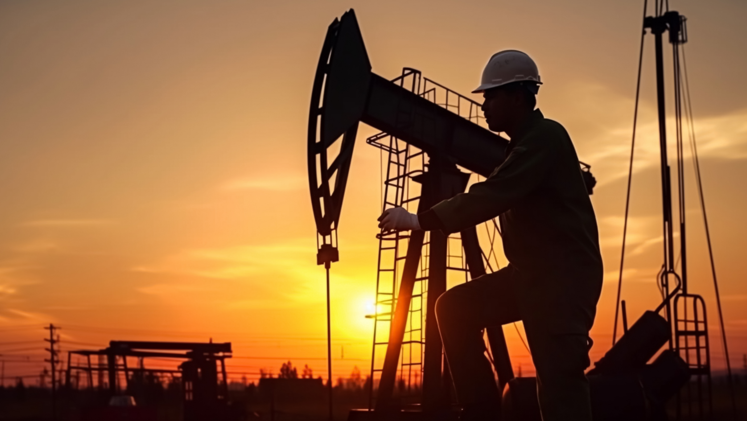 Home 58 Oil and gas worker in a hard hat silhouetted against a sunset at an oil pump jack representing worker safety and personnel tracking in oil and gas RTLS deployments