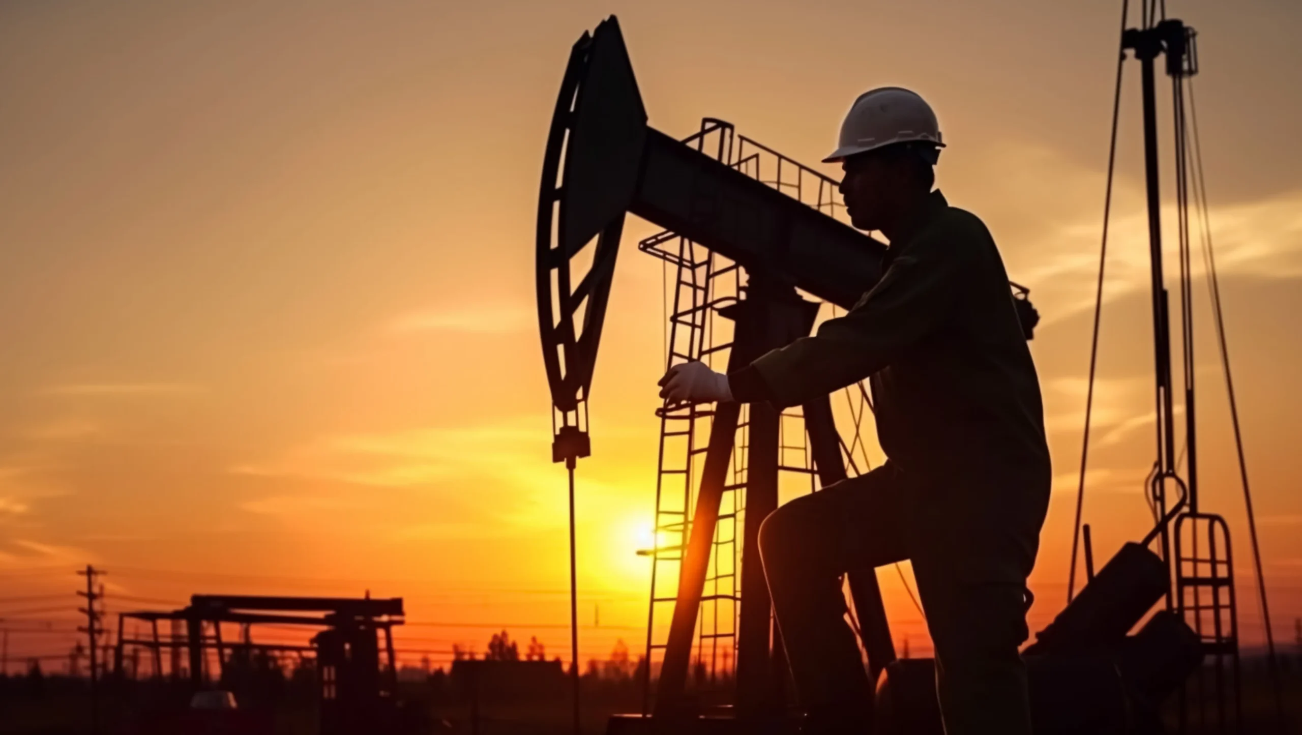 Oil and gas worker in a hard hat silhouetted against a sunset at an oil pump jack representing worker safety and personnel tracking in oil and gas RTLS deployments