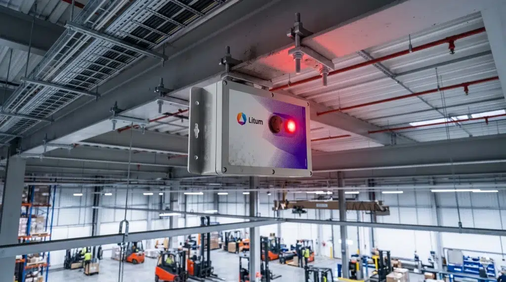 How Litum’s Asset Tracking RTLS Improves Asset Visibility, Utilization, and Control 1 Litum RTLS anchor mounted on warehouse ceiling above forklifts and workers representing fixed asset tracking infrastructure for real-time location data across industrial facilities