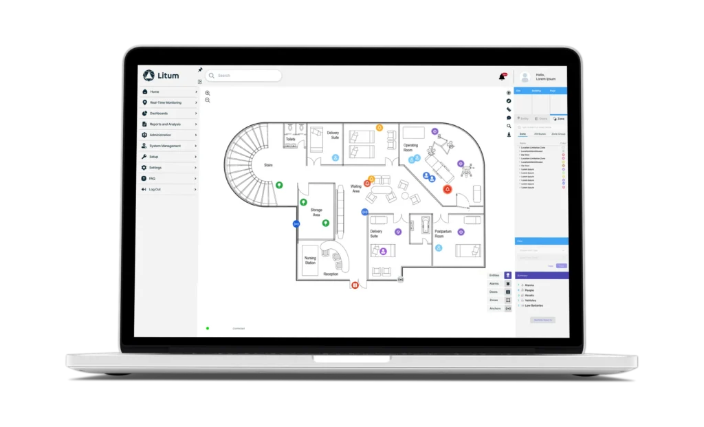How Litum’s Asset Tracking RTLS Improves Asset Visibility, Utilization, and Control 2 Litum asset tracking software platform showing real-time asset and staff locations on a hospital floor plan with zone monitoring geofencing and anchor visibility across clinical areas