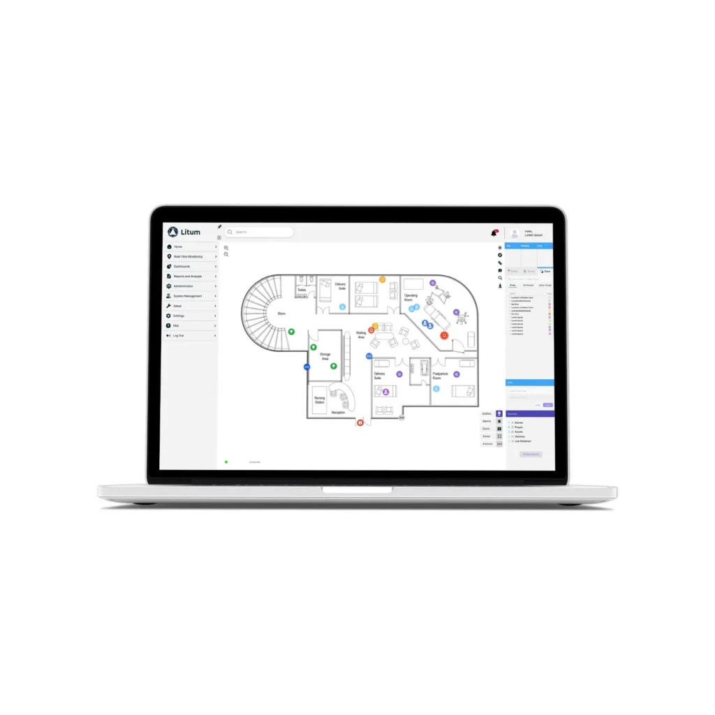 Litum RTLS software showing real-time staff and asset locations on a hospital floor map