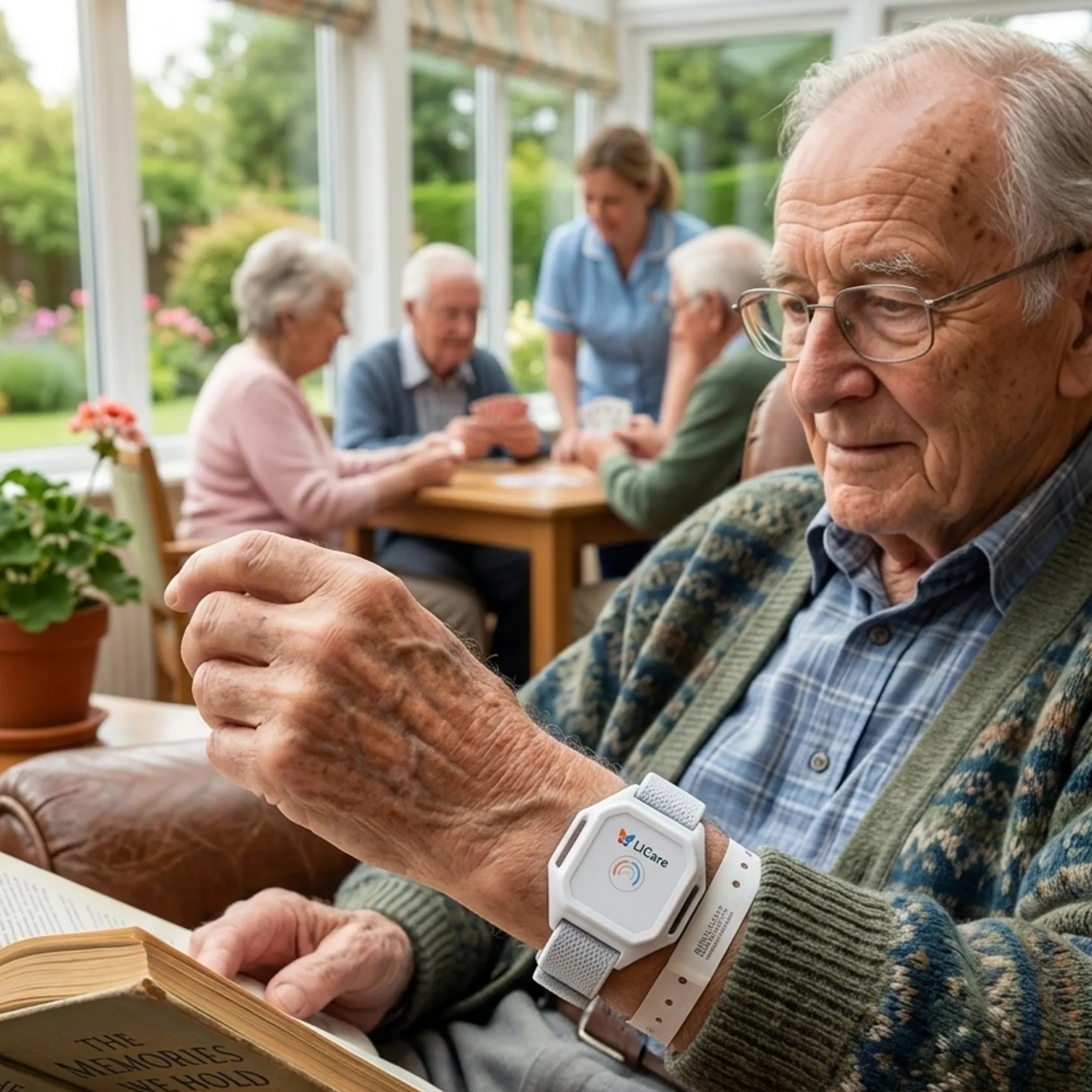 Home 78 Elderly care home resident wearing a LiCare RTLS wander management wristband tag