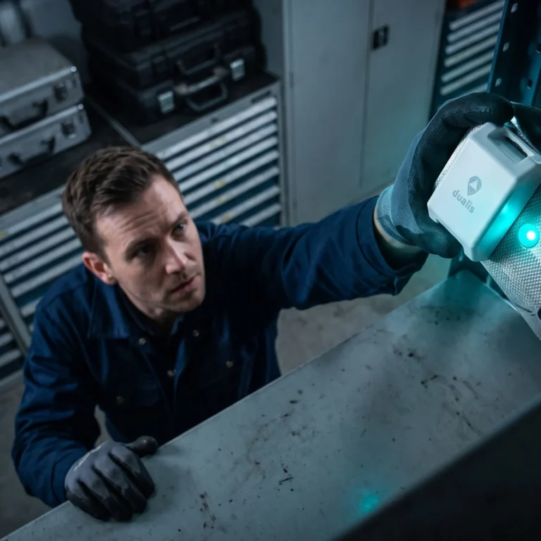 Technician installing a Dualis RTLS asset tracking tag on industrial shelving
