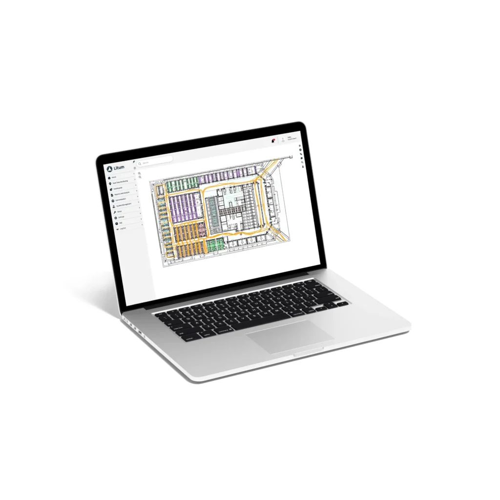 Litum RTLS software displaying a color-coded industrial facility floor plan with zone mapping