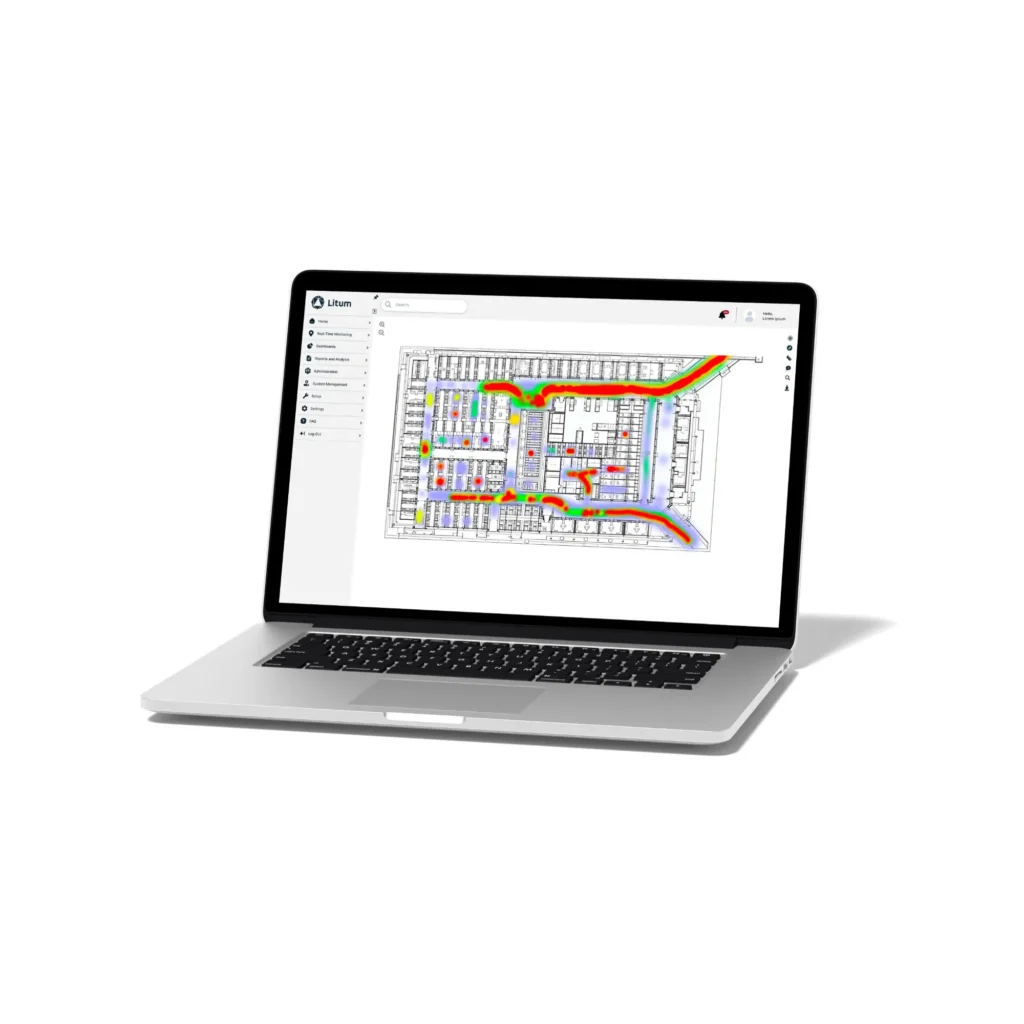 Litum RTLS heatmap showing high-traffic movement zones across an industrial facility floor plan
