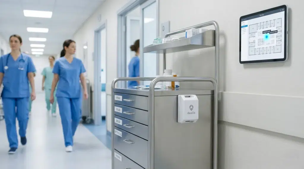 7 Asset Tracking Use Cases Where Dualis Tag Can Deliver Real Value 2 Healthcare nurse with patient monitor representing healthcare asset tracking for mobile medical equipment with Litum Dualis Tag