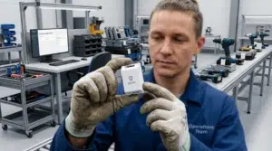 Industrial worker using shared tools in manufacturing environment representing equipment tracking and powered assets monitoring with Dualis Tag