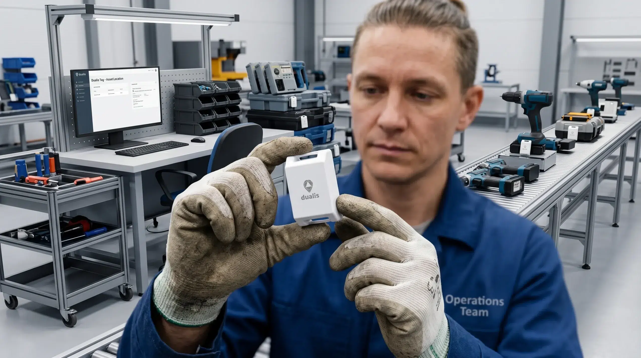 Industrial worker using shared tools in manufacturing environment representing equipment tracking and powered assets monitoring with Dualis Tag