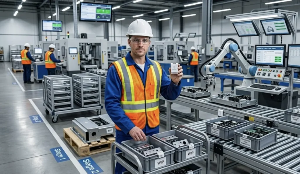 7 Asset Tracking Use Cases Where Dualis Tag Can Deliver Real Value 3 Work-in-progress materials moving through a manufacturing line representing real-time location tracking with Dualis Tag for production visibility