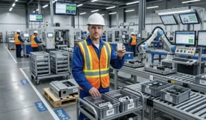 Work-in-progress materials moving through a manufacturing line representing real-time location tracking with Dualis Tag for production visibility