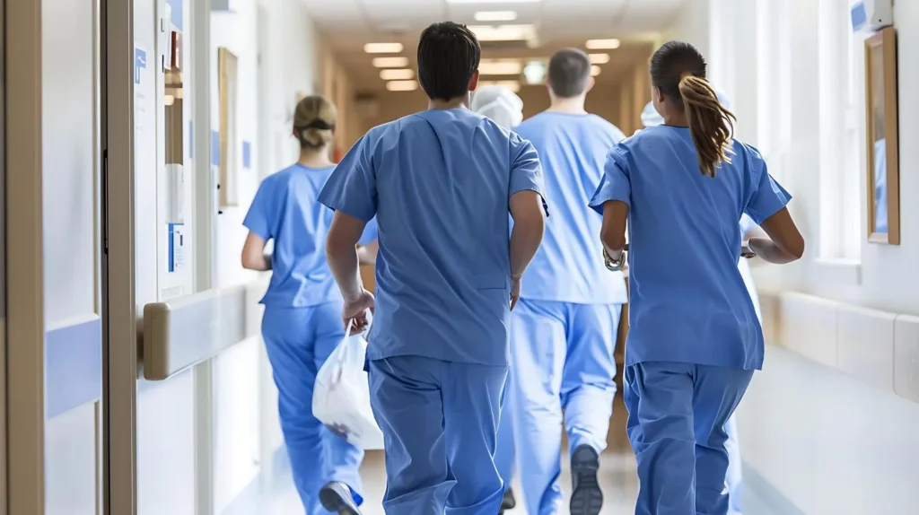RTLS in Healthcare: Real-World Case Studies in Patient Safety, Staff Protection, and Asset Management 8 Hospital staff walking urgently through a clinical corridor