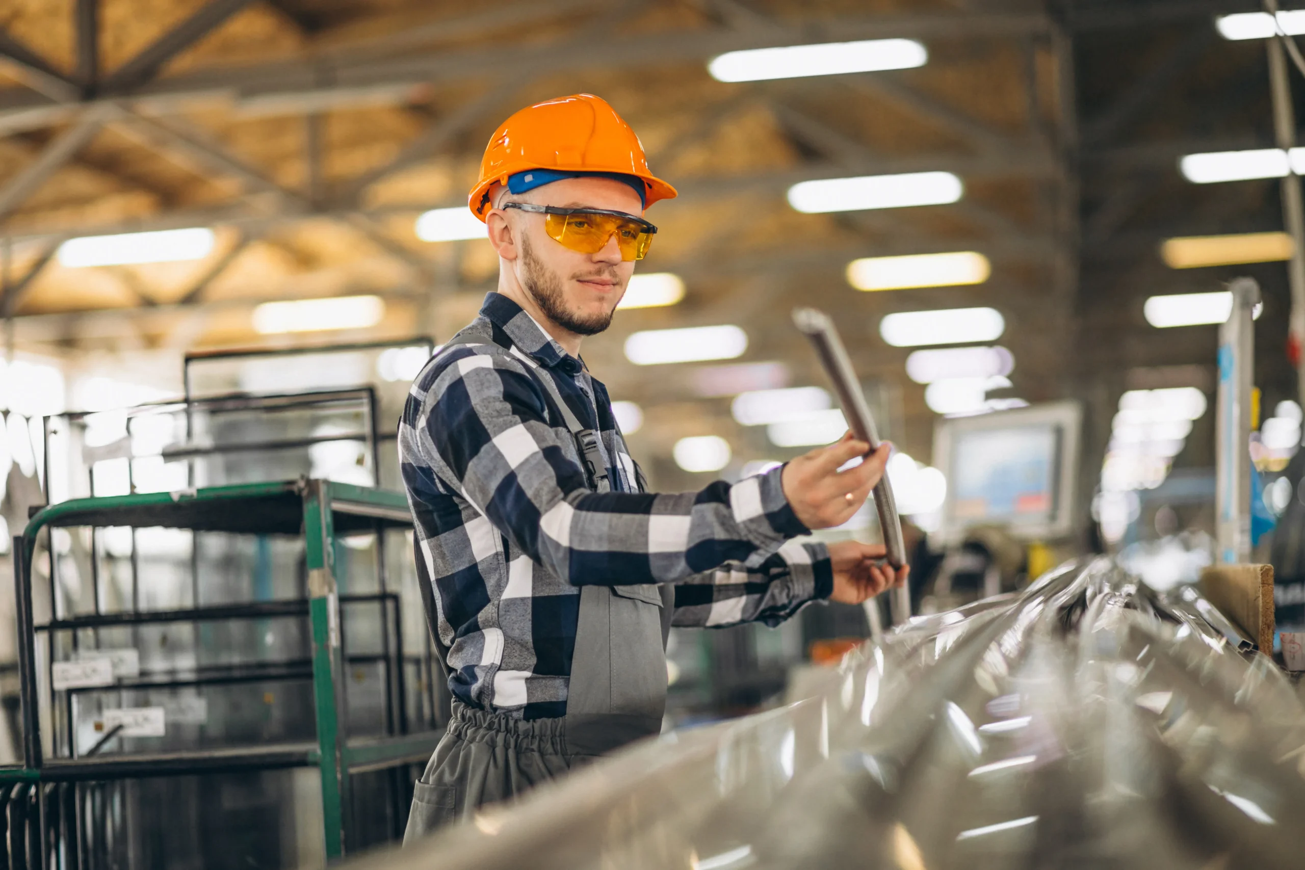 Home 77 Factory worker in orange hard hat and safety glasses handling metal sheet on production floor