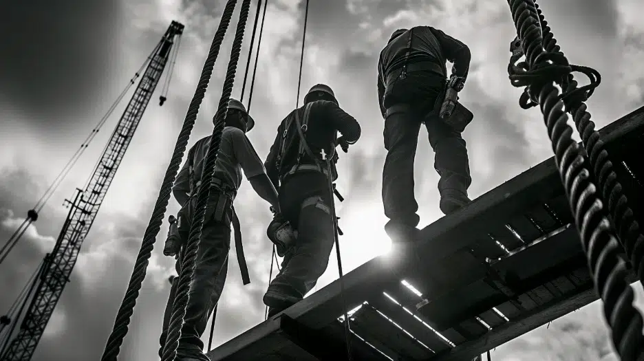 Lone Worker Safety: Risks, Regulations, and the Right Solutions 1 Construction workers wearing safety harnesses on elevated steel beams at a job site, highlighting lone worker safety risks at height