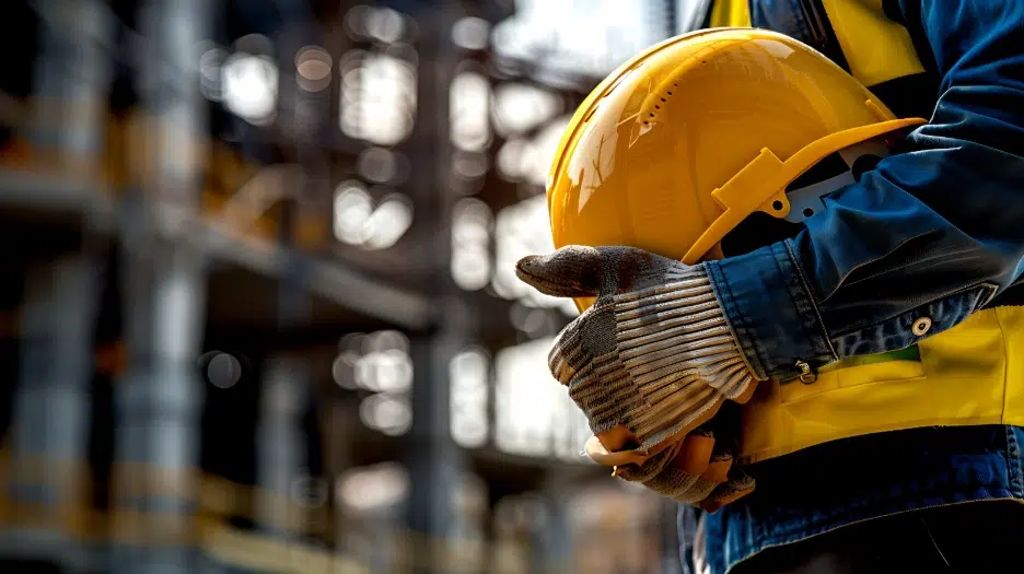 Lone Worker Safety: Risks, Regulations, and the Right Solutions 2 Industrial worker holding a hard hat and wearing gloves inside a warehouse, representing lone worker safety equipment and PPE requirements