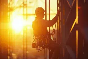 A lone worker in full safety harness climbing a structure at sunset, demonstrating lone worker safety equipment in an industrial environment