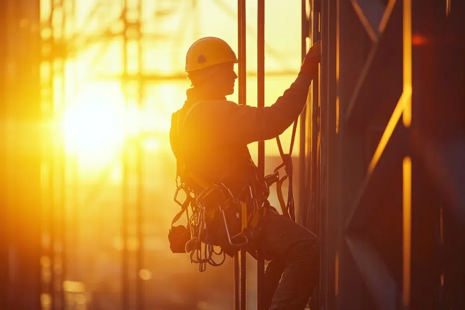 Home 79 A lone worker in full safety harness climbing a structure at sunset, demonstrating lone worker safety equipment in an industrial environment