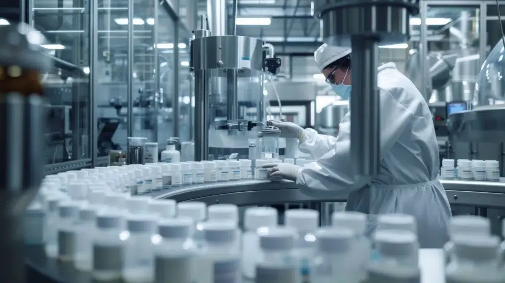 How Real-Time Location Systems (RTLS) Improve Safety in Hazardous Industrial Areas 1 Pharmaceutical technician in cleanroom suit inspecting production line, a regulated environment where intrinsically safe RTLS supports asset tracking and zone compliance