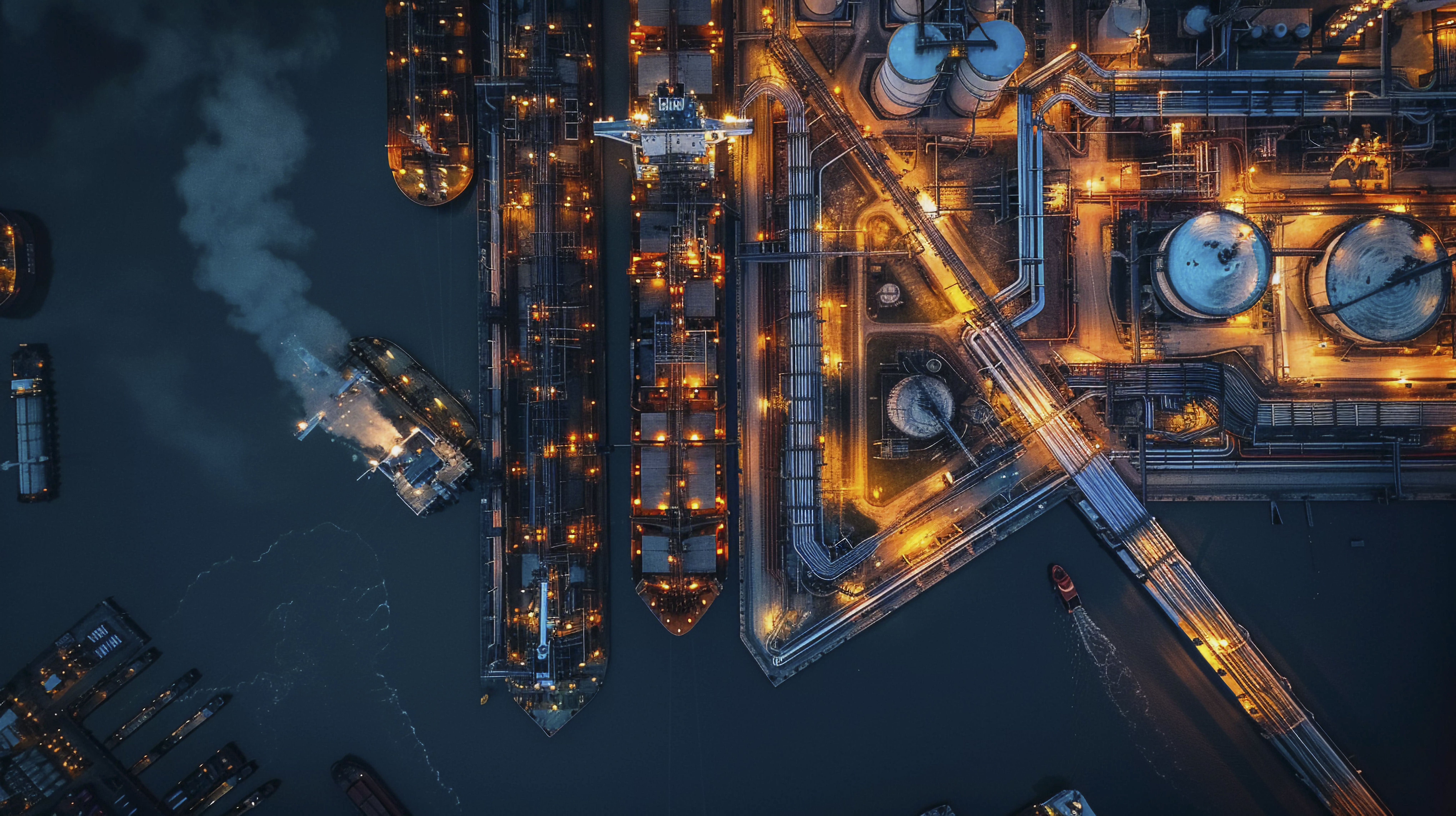 Home 80 Aerial view of oil and gas terminal at night showing classified hazardous areas where ATEX-certified RTLS tracks assets and personnel in real time