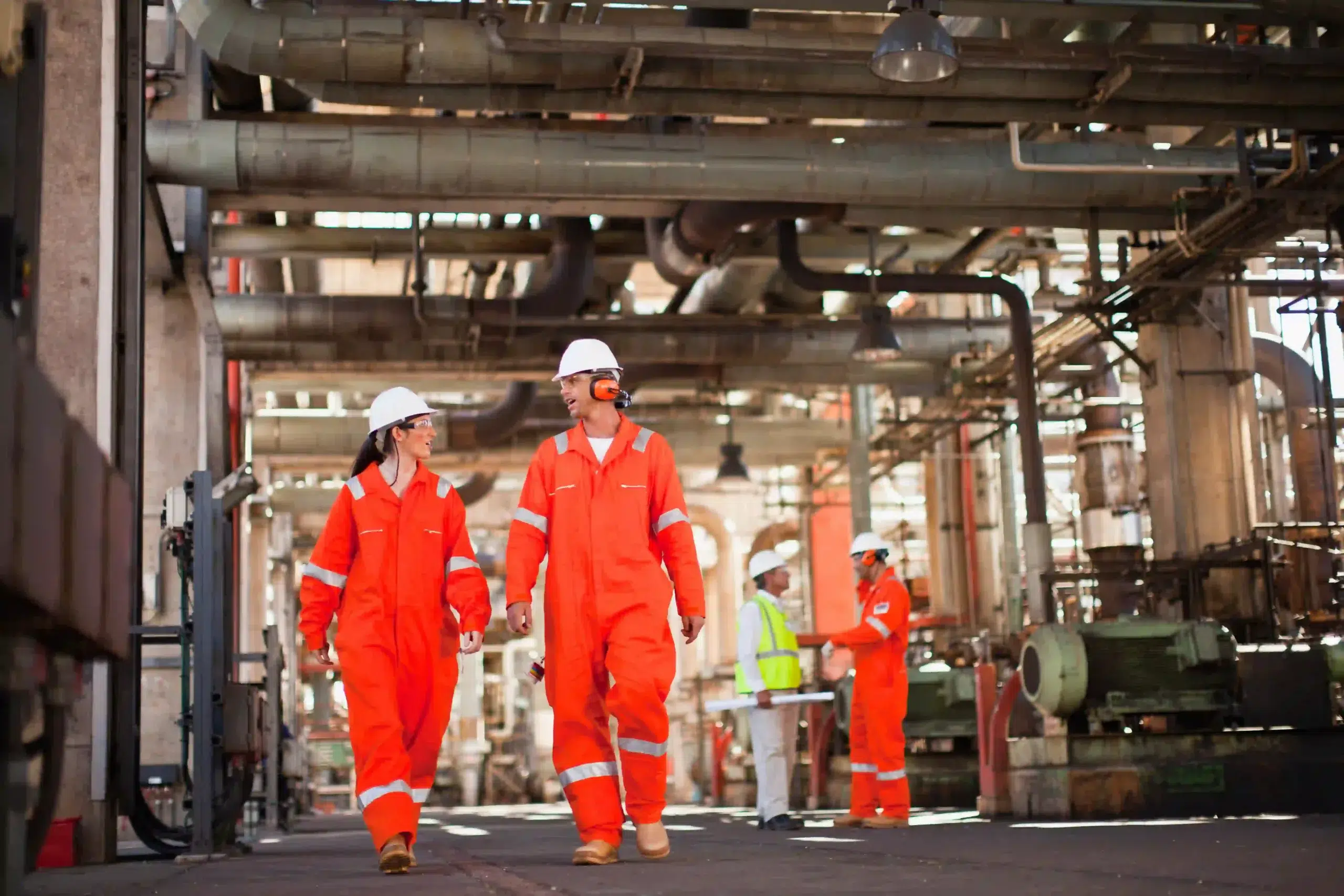 Home 80 Workers walking through an oil refinery wearing PPE, RTLS hazardous area personnel tracking supports safety compliance and emergency mustering in petrochemical facilities