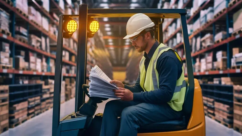 OSHA Forklift Certification in 2026: What the New Behavioral Monitoring Requirement Means for Your Operation 1 Forklift operator reviewing certification training paperwork in warehouse aisle