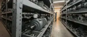 Industrial parts warehouse shelving, illustrating the asset utilization blind spot created by manual search