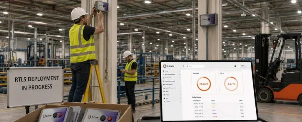 From Pilot to Plant-Wide: A Phased Rollout Framework for Industrial RTLS 1 Technicians installing RTLS anchors during a phased rollout, with a live utilization dashboard shown on a tablet in the foreground