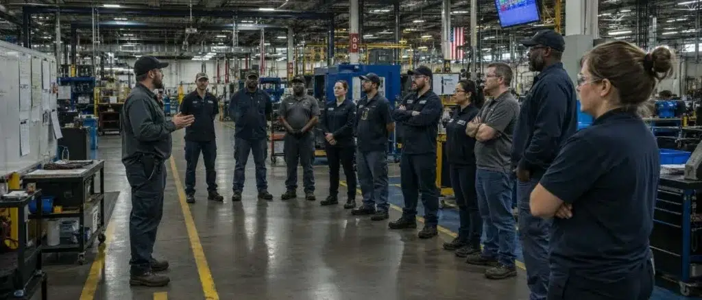 The Cost of Not Knowing: Asset Utilization and the Search Time Problem 7 Manufacturing team briefing on the shop floor, relevant to workforce location governance alongside asset utilization tracking