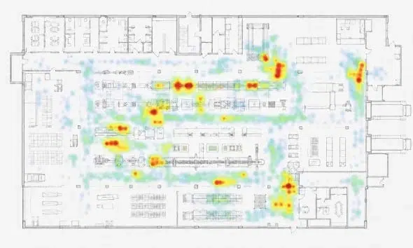 The Cost of Not Knowing: Asset Utilization and the Search Time Problem 5 Facility floor plan heat map showing where activity and dwell time concentrate, a core input for asset utilization analysis
