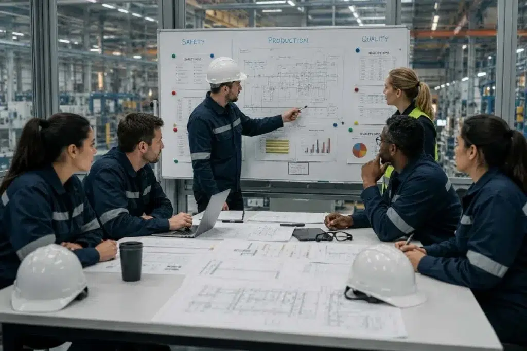 The Cost of Not Knowing: Asset Utilization and the Search Time Problem 6 Team reviewing safety, production, and quality KPIs on a whiteboard, the kind of process change asset utilization data enables