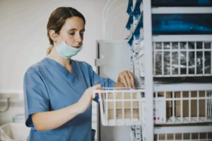 Nurse searching for medical supplies in a hospital storage