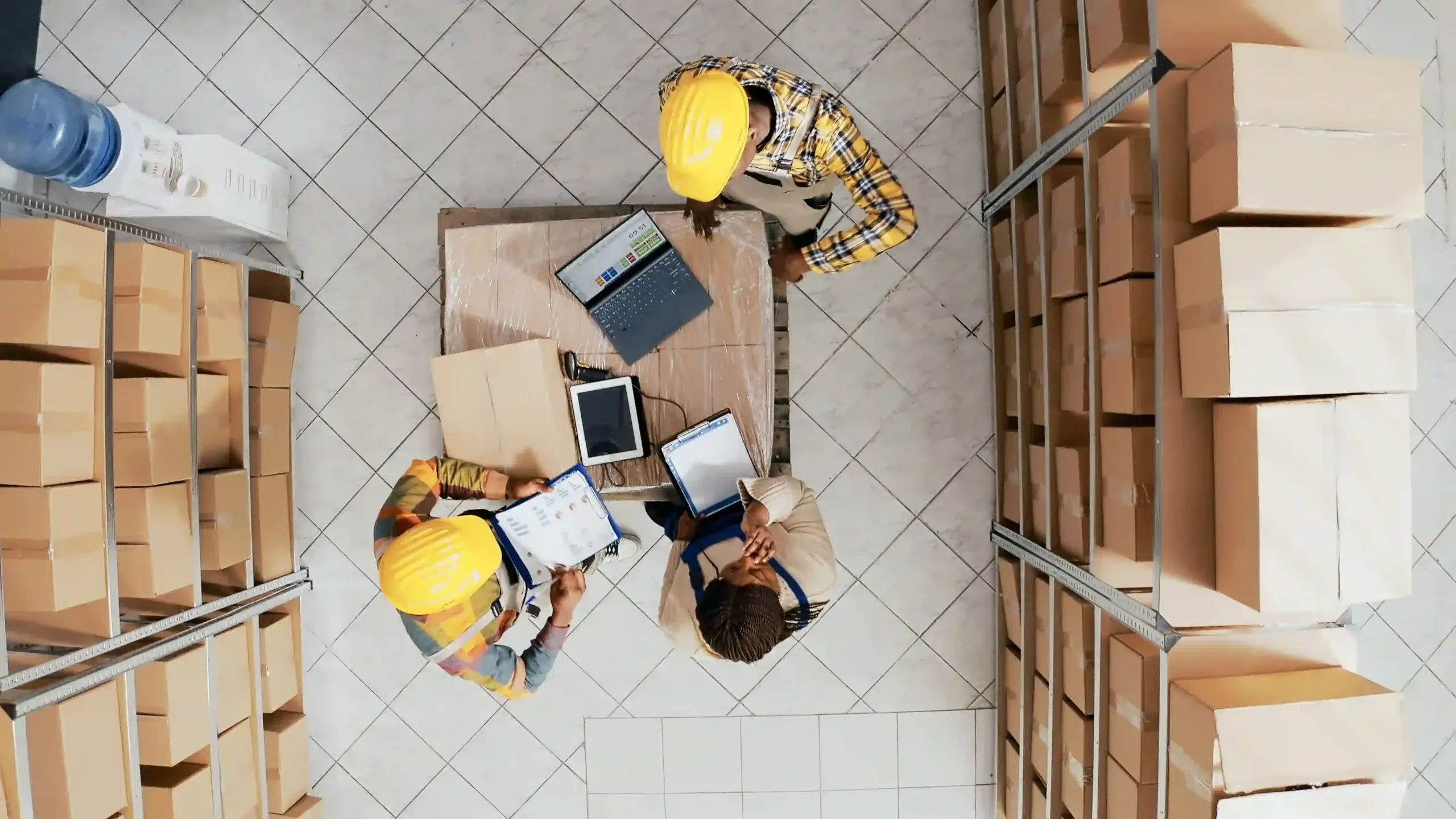 Home 79 Aerial view of a busy distribution center floor with forklifts, workers, and goods in motion across multiple aisles
