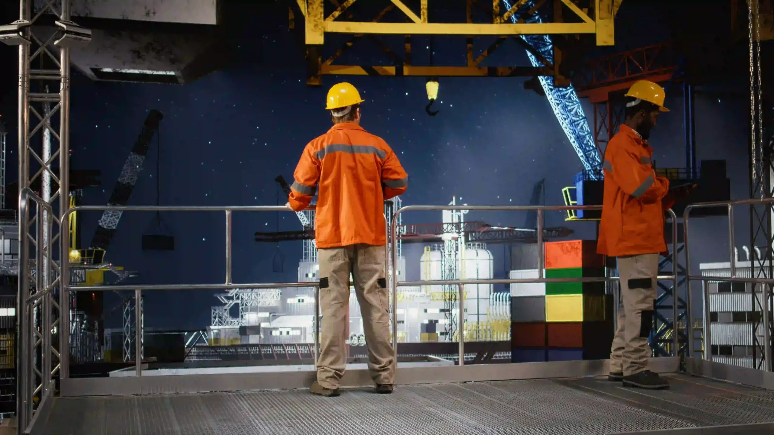 Home 79 Worker in a hard hat conducting system inspections on an offshore drilling rig industrial platform