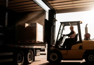 Forklift loading a delivery truck at a warehouse dock