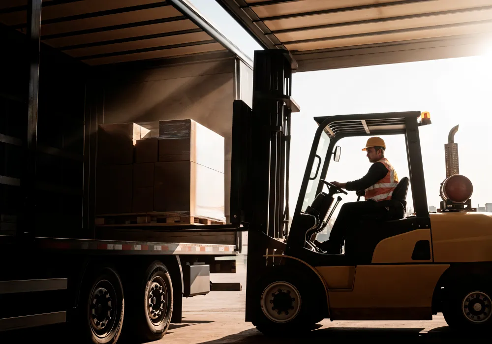 Home 82 Forklift loading a delivery truck at a warehouse dock