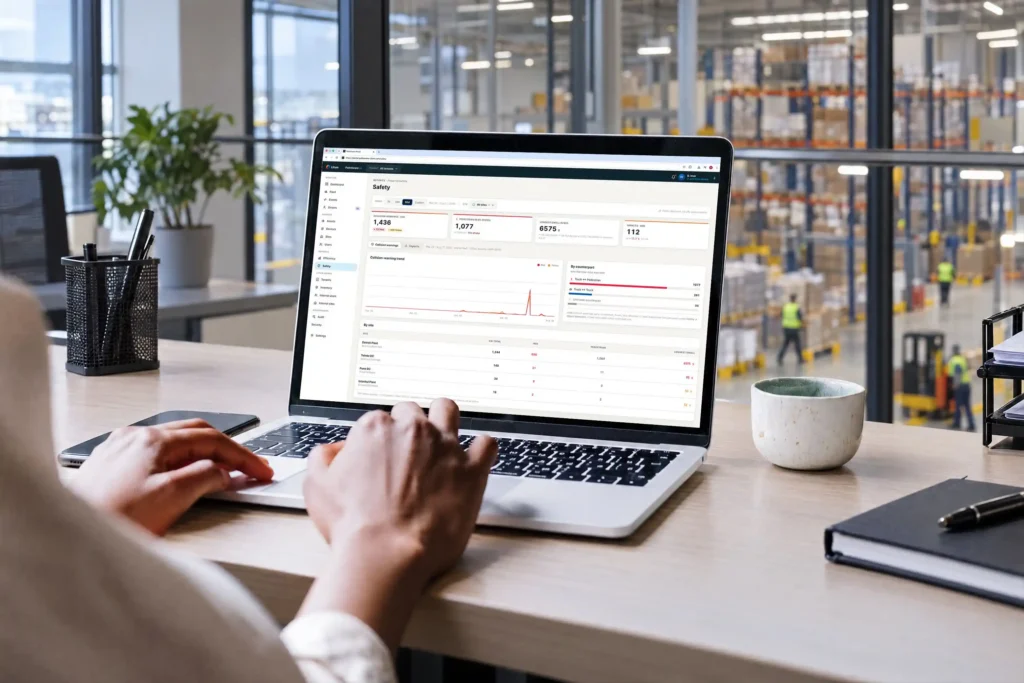 Your Forklift Already Knows What Is Happening. Now It Can Tell You. 1 PathAware IQ safety dashboard showing collision warnings and pedestrian near-miss data by site