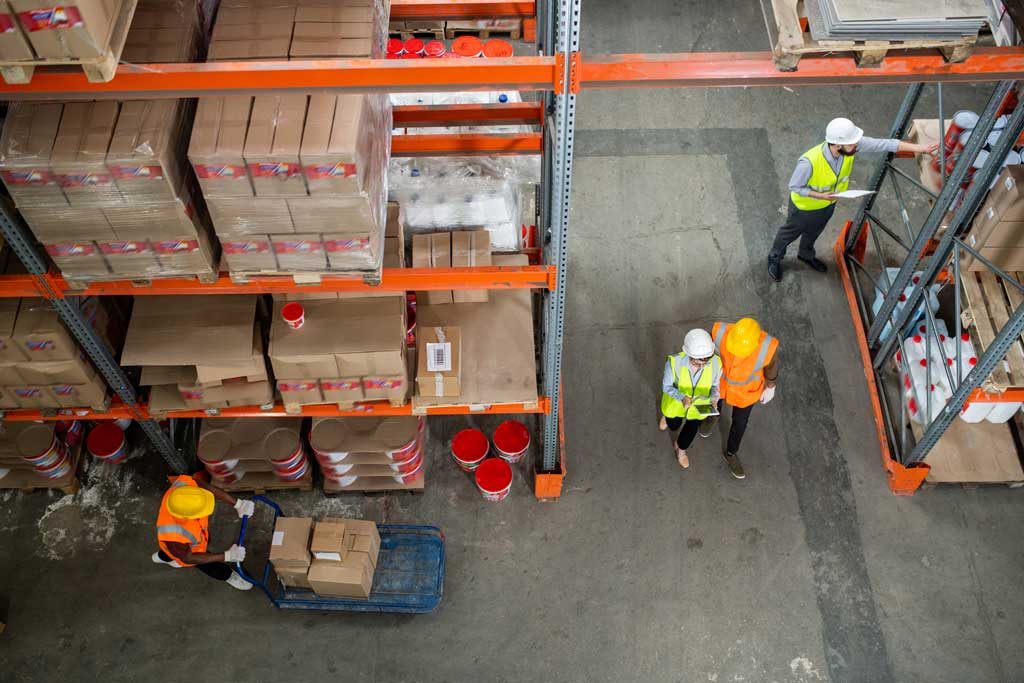 Above view of warehouse staff at work